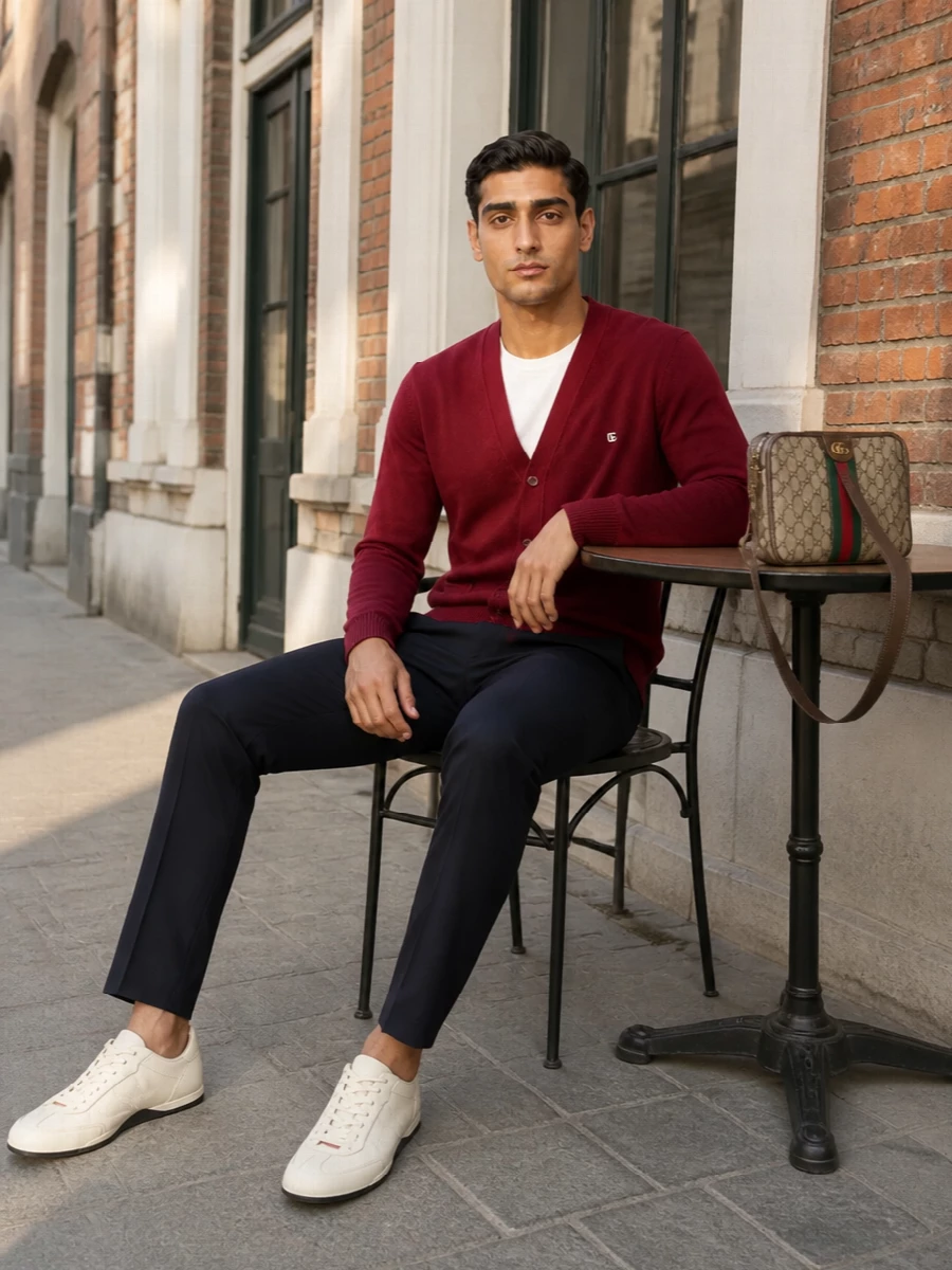 Gucci burgundy cardigan navy trousers outfit