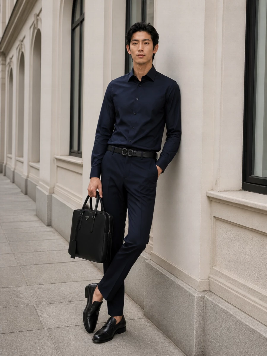 Ferragamo navy trousers prada navy shirt outfit
