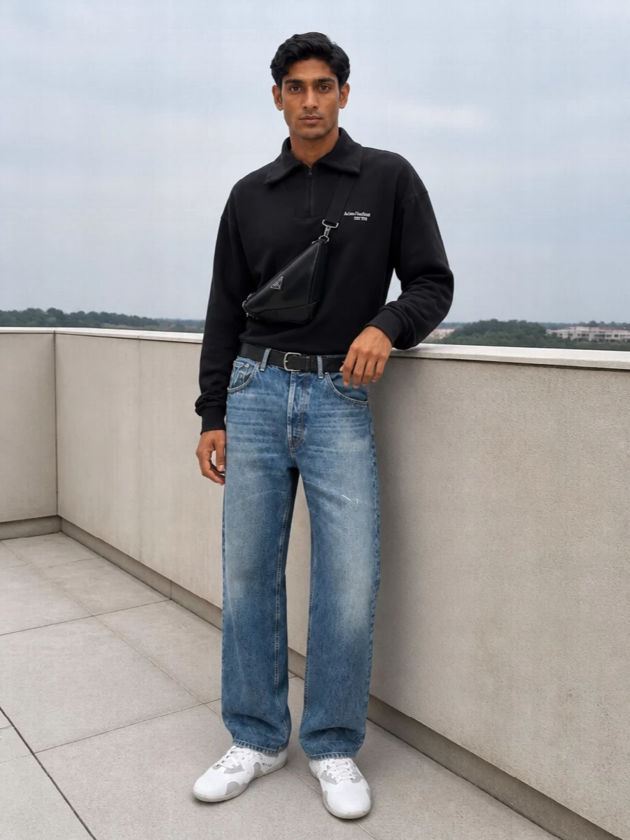 Acne half zip straight jeans prada crossbody