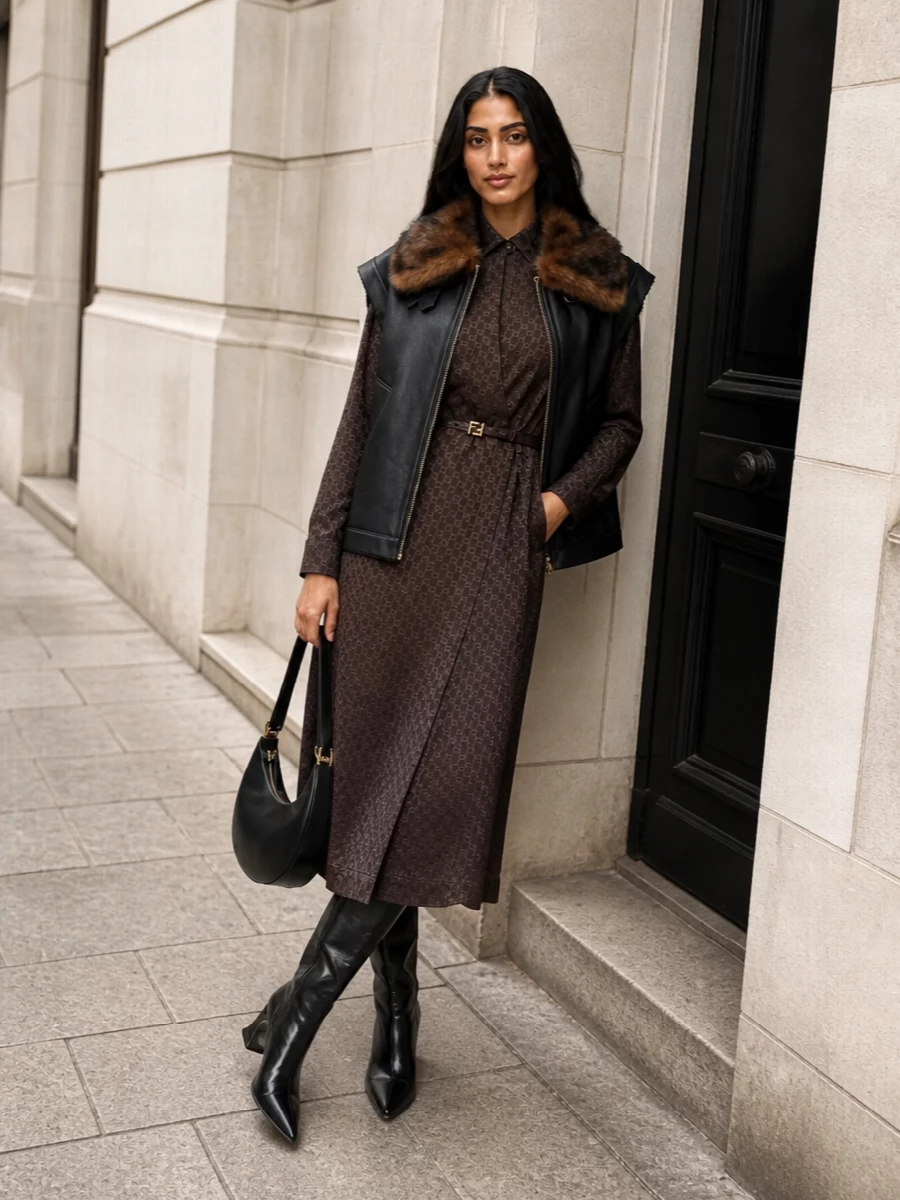 Fendi shearling gilet jacquard dress outfit