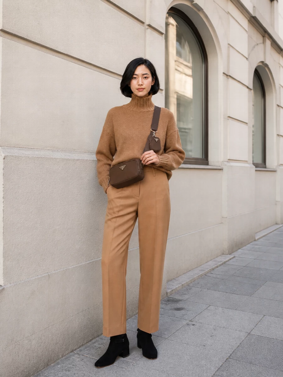 A cocooning camel turtleneck tucked into high-rise tailored camel trousers creates a long, tonal column that feels quietly assured around the structured Prada cross-body. The slim black ankle boots add just enough contrast to ground the neutrals, keeping the whole ensemble polished but unfussy for city days that move between work and off duty. Choosing knit and trouser over a dress lets the bag’s utilitarian structure read as intentional, part of a considered minimalist uniform rather than a decorative add-on.