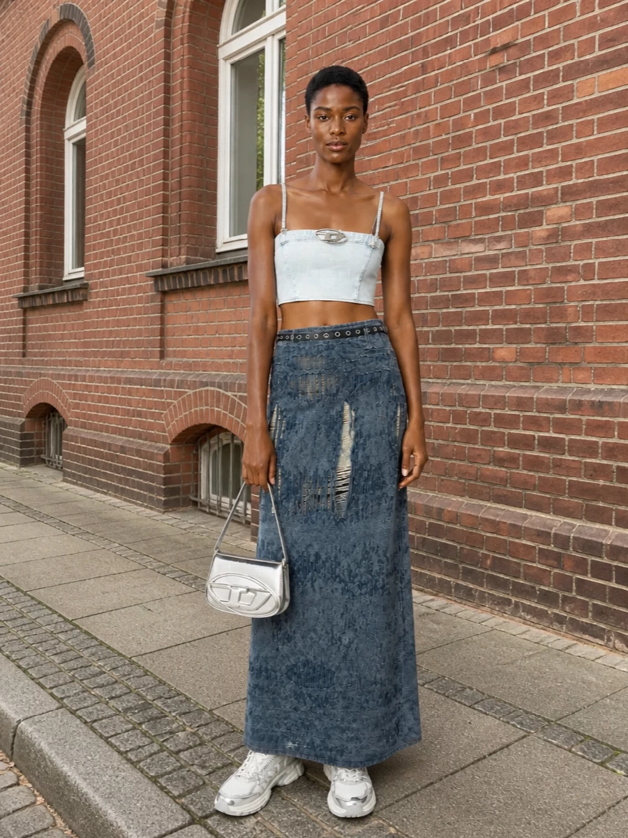 Diesel denim maxi skirt bustier silver bag
