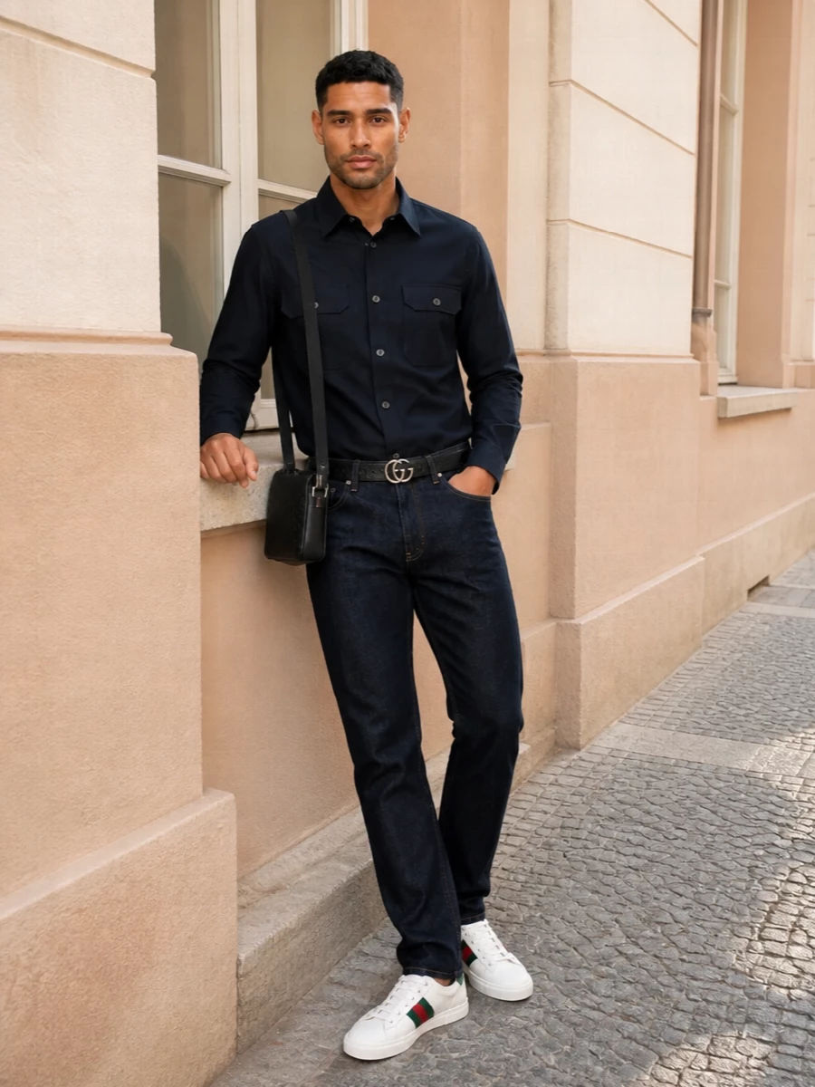 Gucci dark denim navy shirt white sneakers