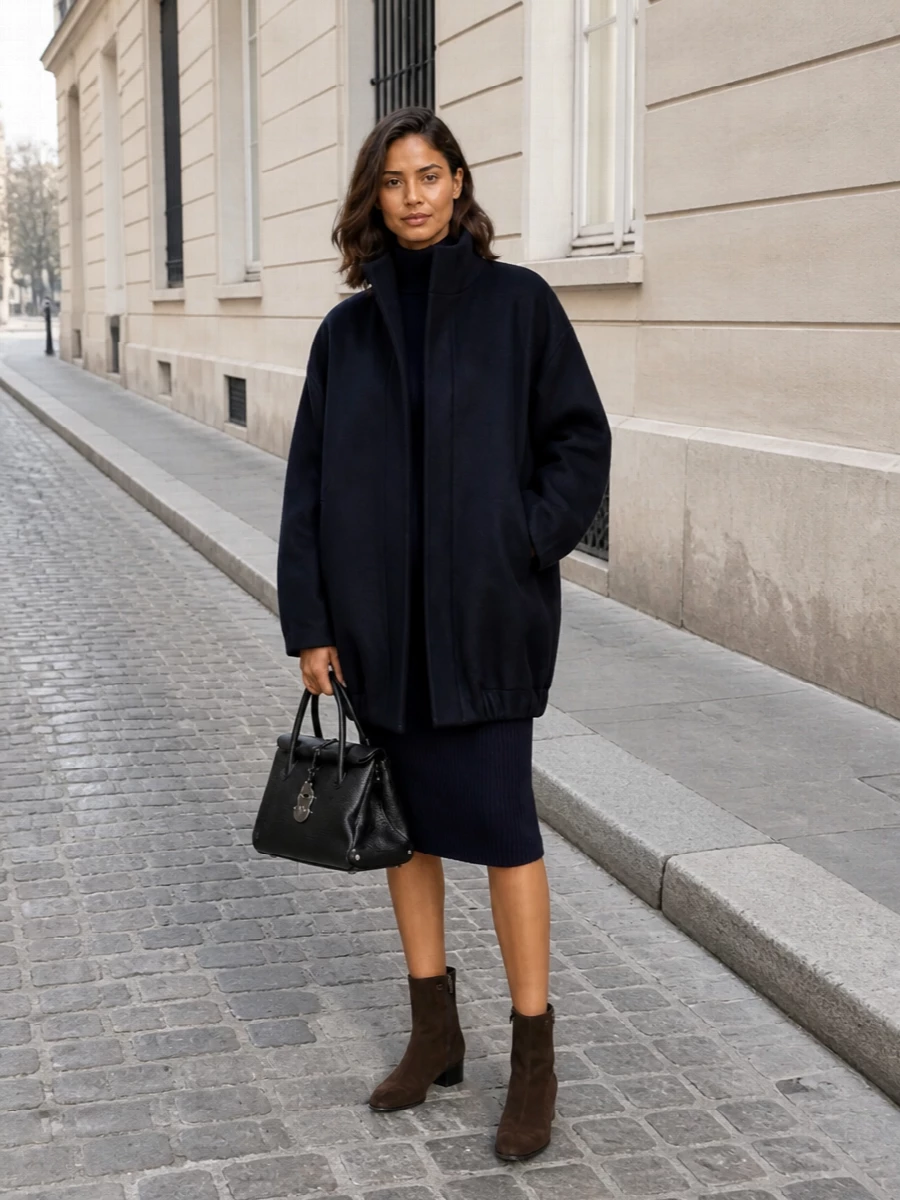 This is a navy-on-navy knit column under a sculptural Dries cocoon coat, anchored with dark chocolate boots and a structured black top-handle bag. Choosing the dress path keeps the silhouette long and pared back, letting the coat’s architecture read clearly while the textures do the work. The result is quietly assertive winter city tailoring that feels luxurious without noise.