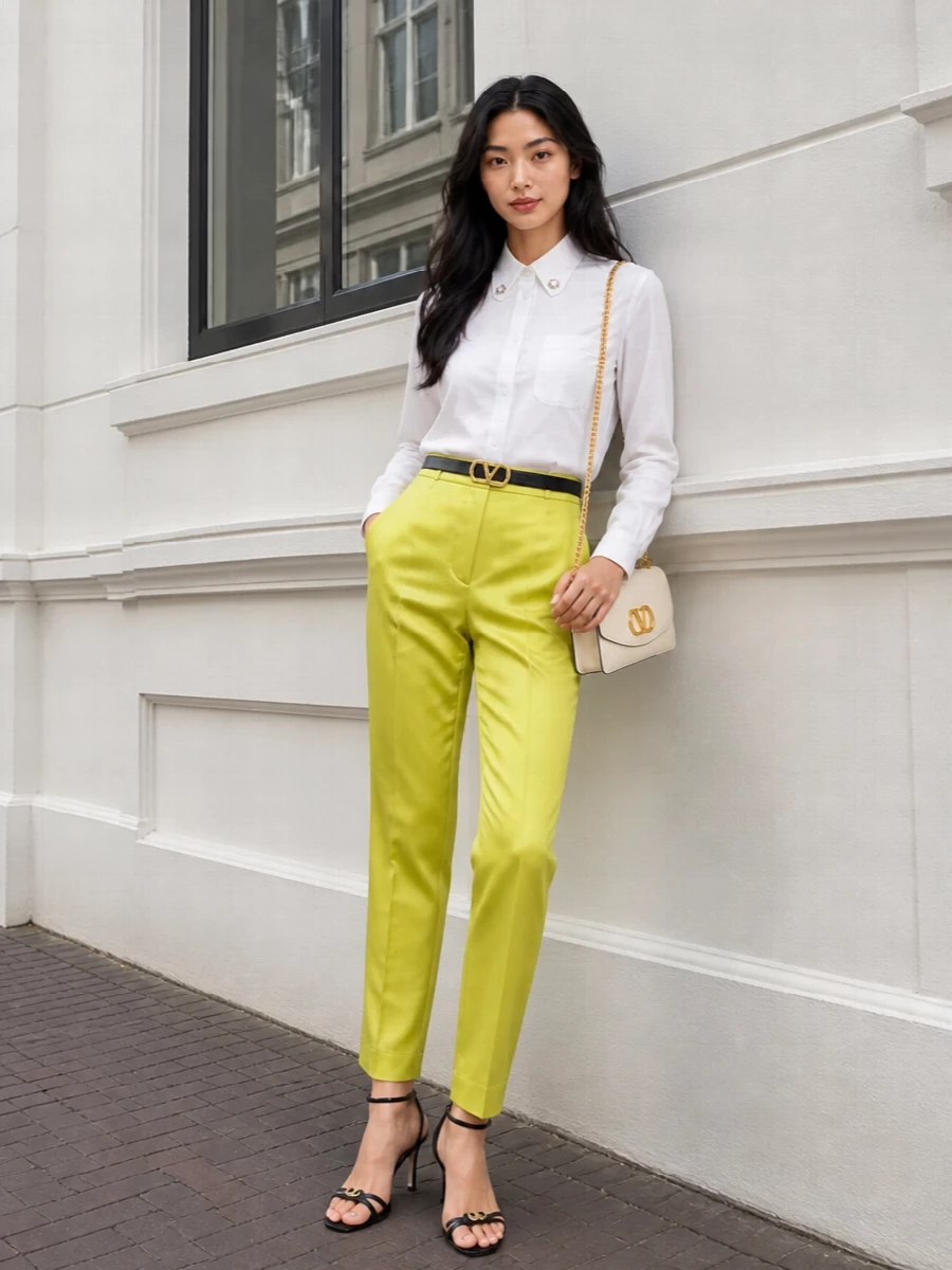 Valentino chartreuse satin trousers white shirt