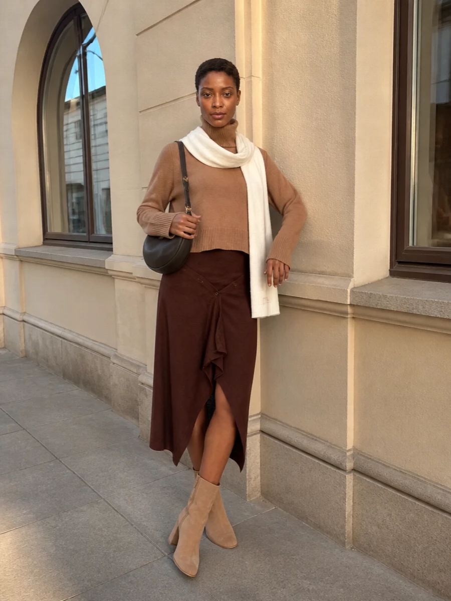Vince camel turtleneck lemaire chocolate midi skirt