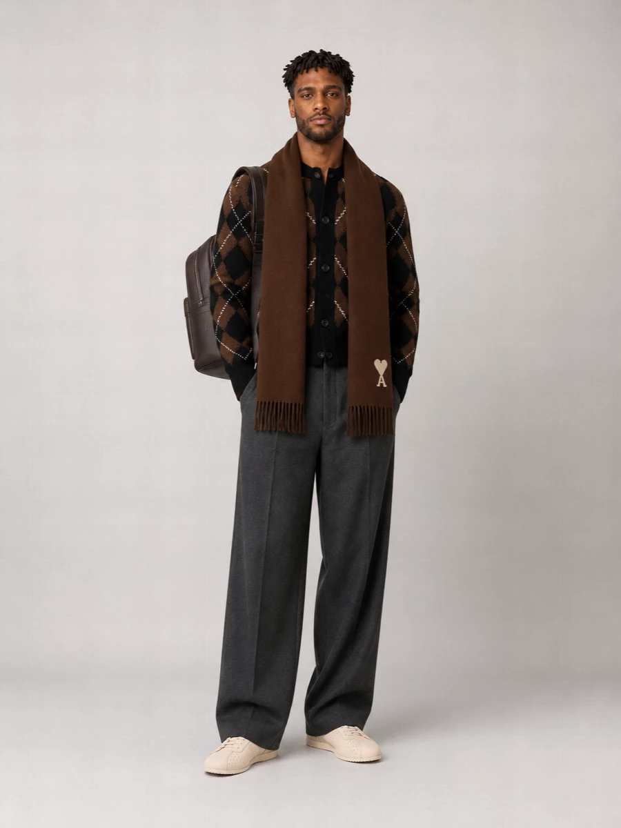 Ami Paris Wool Argyle Crewneck Cardigan