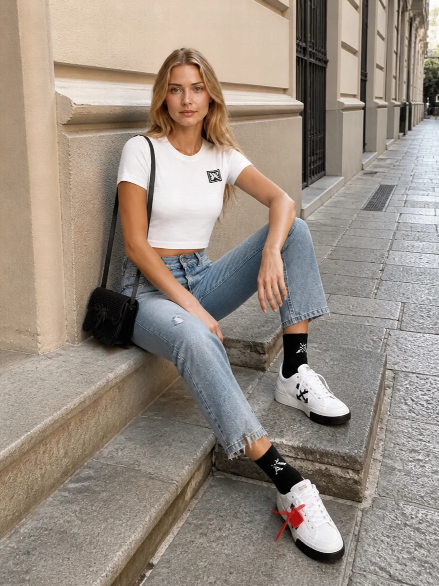 Palm angels cropped tee straight jeans sneakers