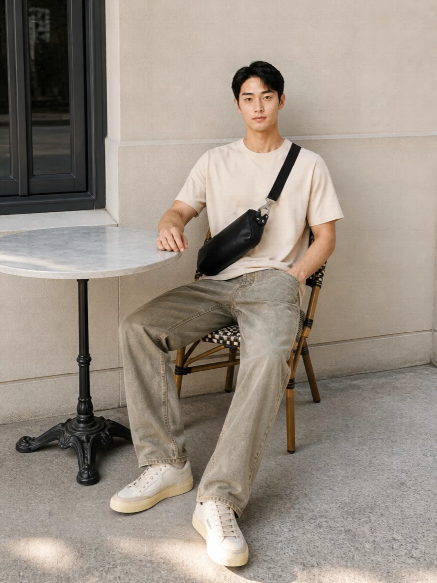 A sun-faded buttercream tee sits against washed khaki denim for a soft, low-contrast take on streetwear neutrals. Creamy Autry sneakers keep everything light at ground level, while a sharp black Burberry crossbody adds just enough structure and edge. The result is relaxed, design-conscious and quietly confident for warm city days.