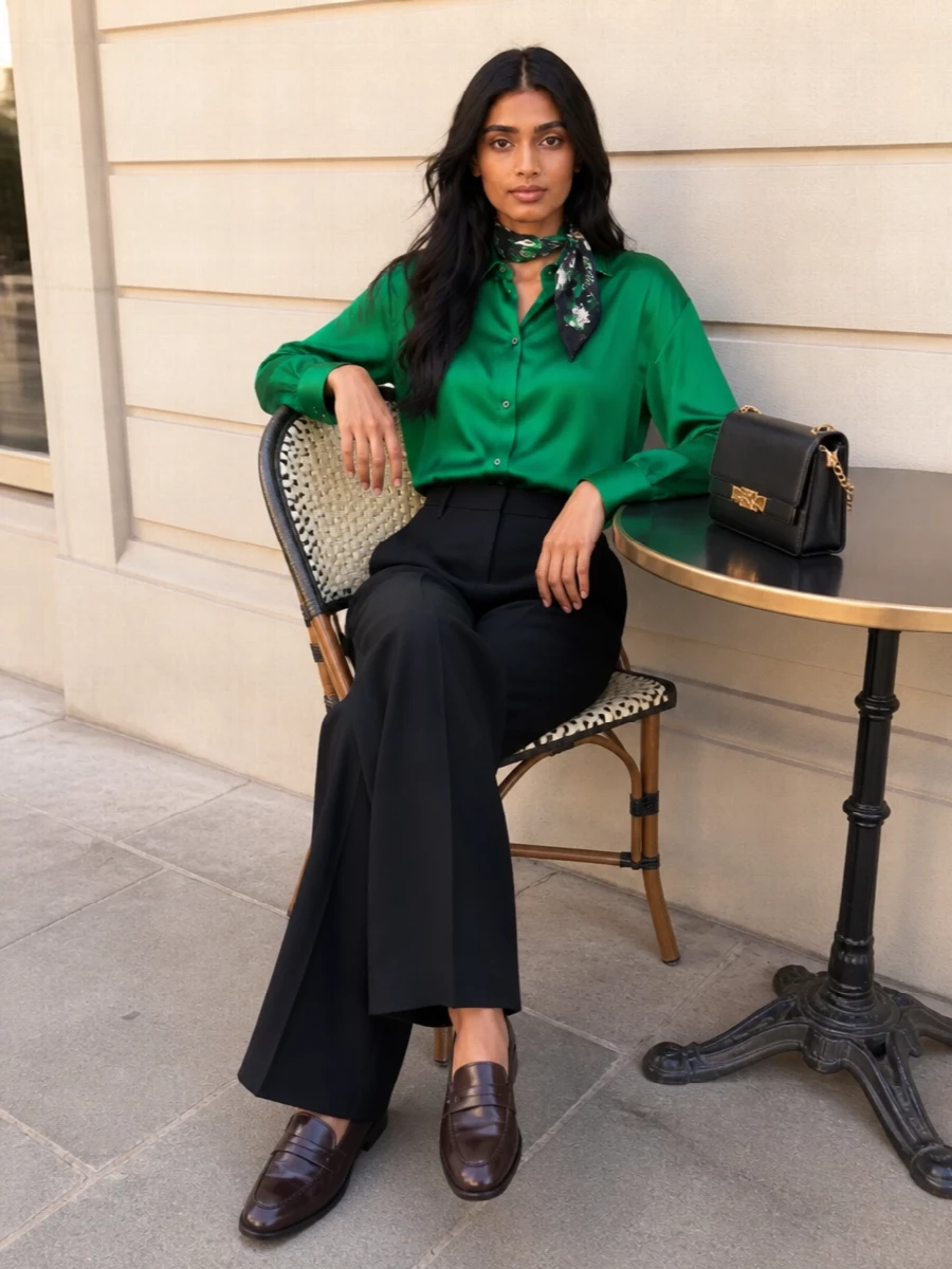 Dries van noten emerald shirt black wide leg trousers