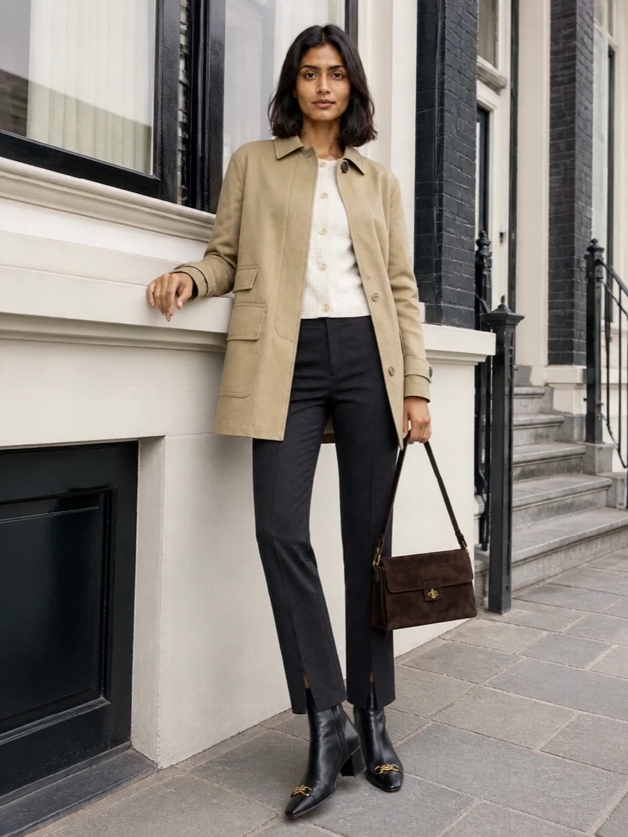 Gucci camel coat charcoal trousers city outfit
