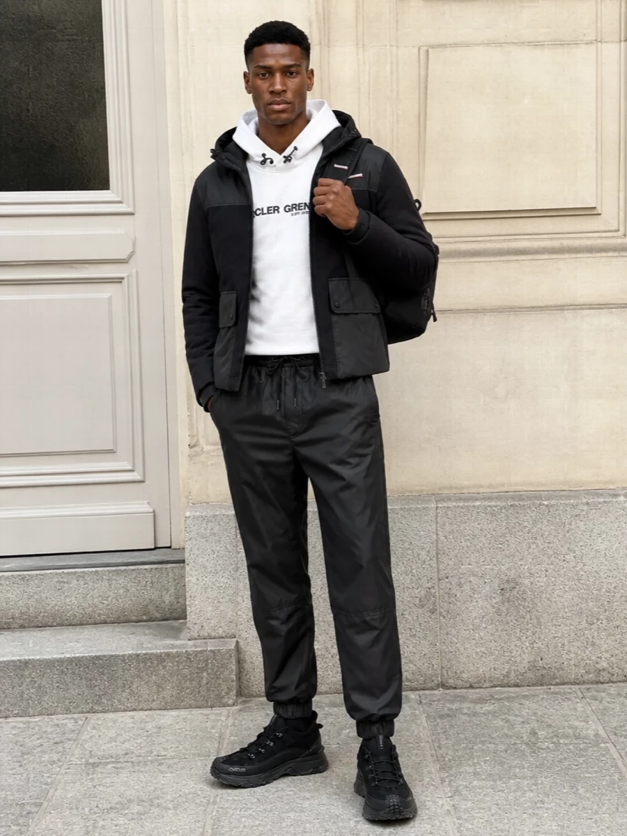 Moncler grenoble black bomber hoodie outfit