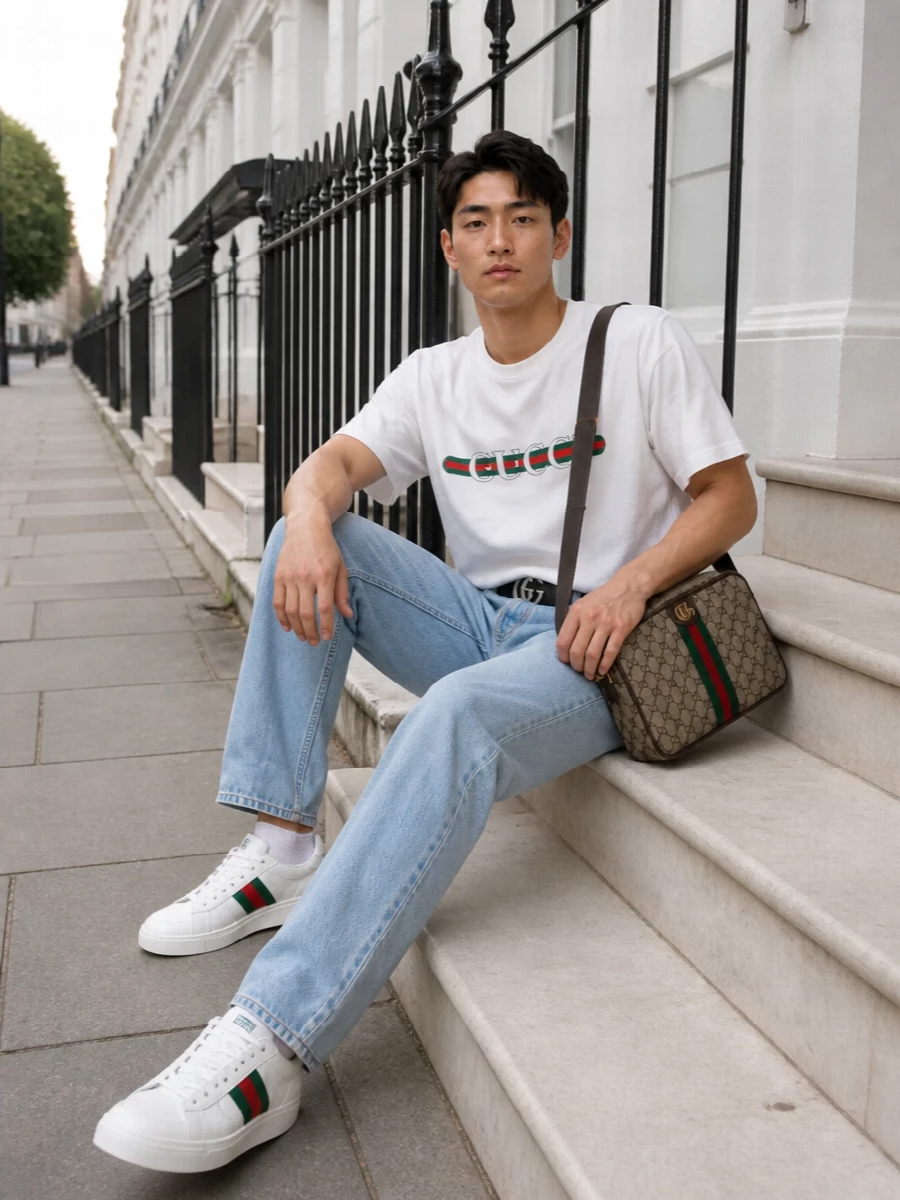 Gucci logo tee light wash jeans sneakers