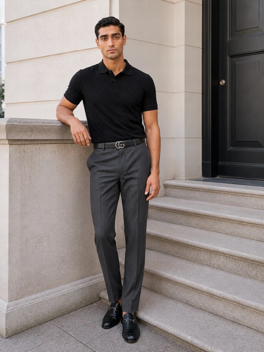 Gucci black polo charcoal tailored trousers outfit