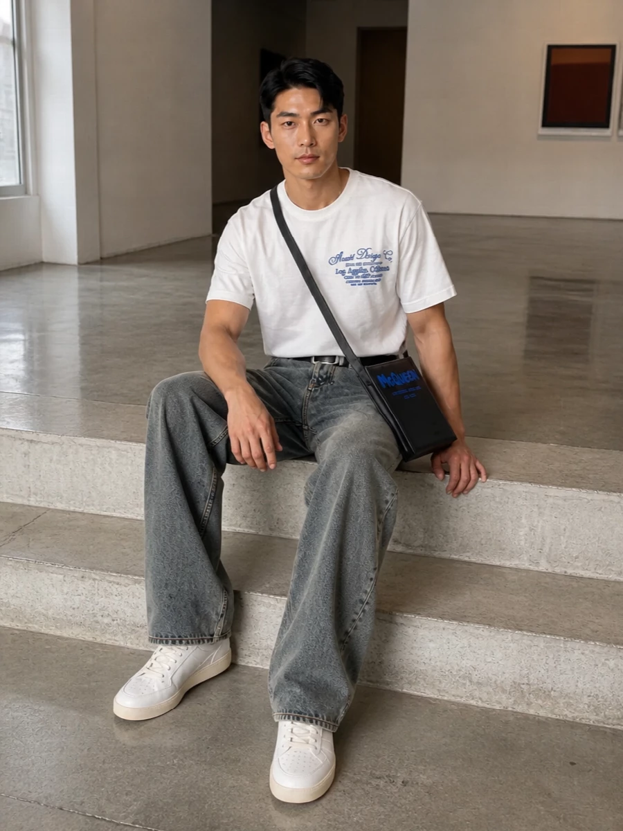 Amiri wide leg jeans white logo tee sneakers