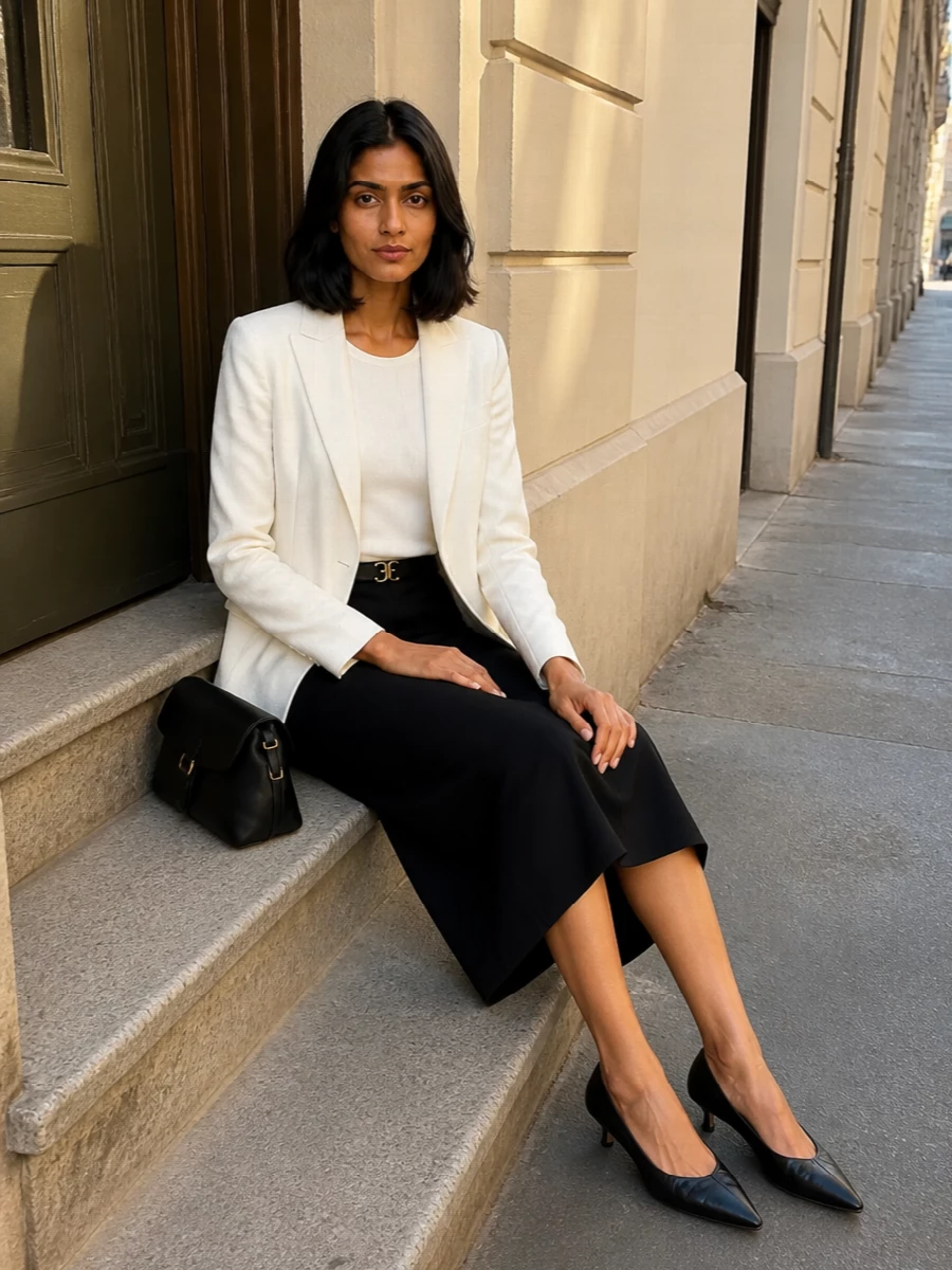 A quietly sharp take on office tailoring, pairing the inky black straight midi skirt with a single-breasted ivory blazer for a clean, graphic contrast. Black kitten-heel pumps and a structured flap shoulder bag keep the lines refined, while the slim logo belt subtly defines the waist. The result is a polished desk-to-dinner ensemble that feels modern, minimal and distinctly Italian.
