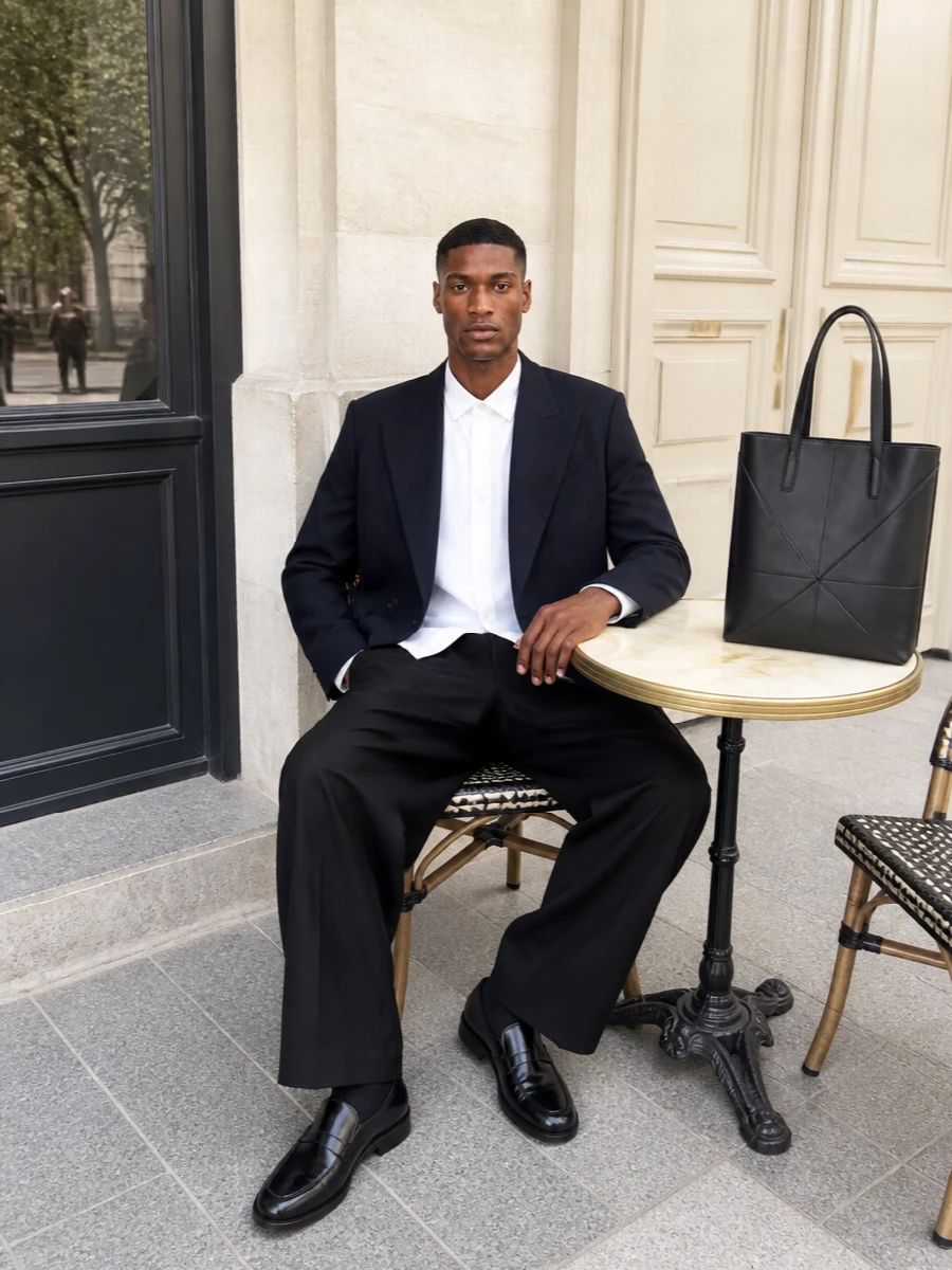 Loewe navy coat wide leg trousers loafers
