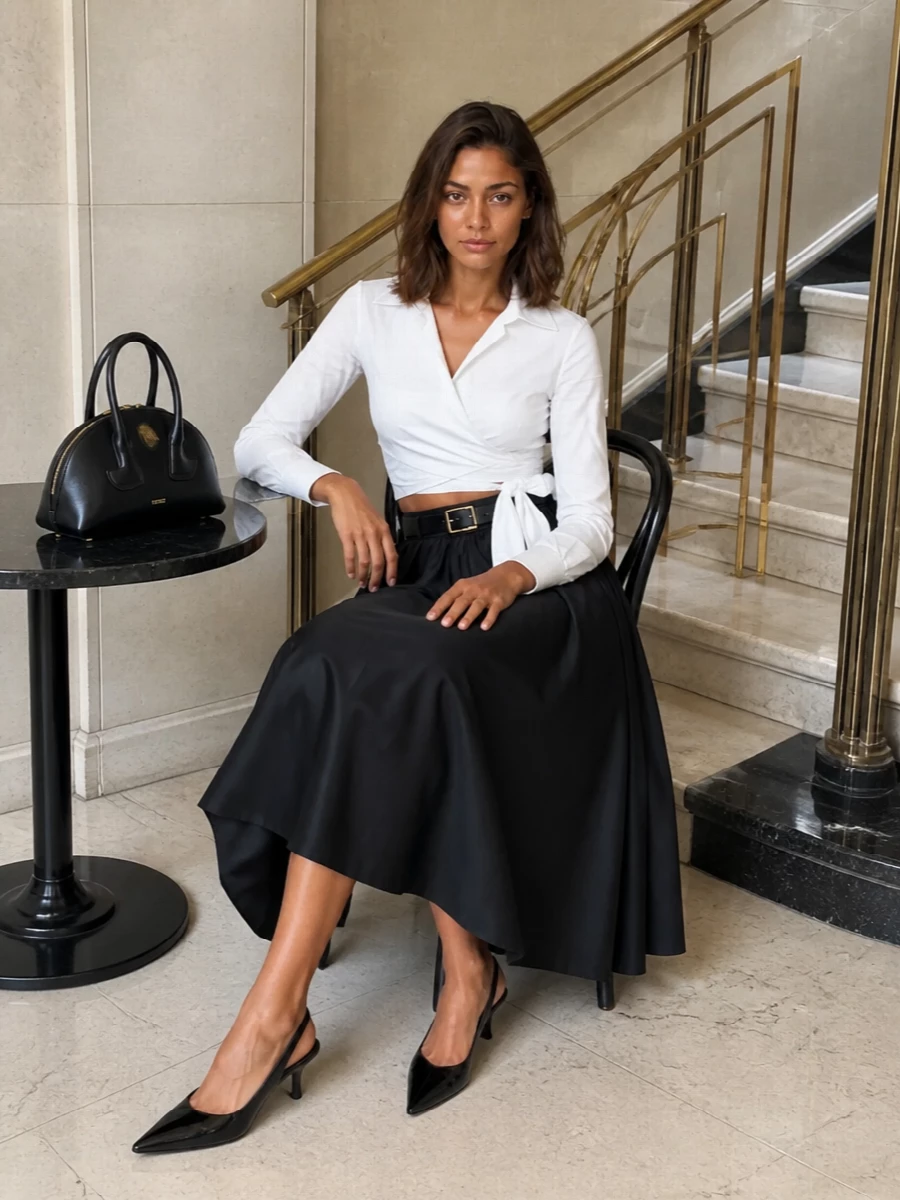 Patou black midi skirt white wrap shirt outfit