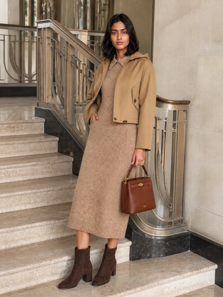 This is a quietly luxurious, neutral city ensemble built around a soft camel knit column under the cropped Burberry jacket. Choosing the dress path keeps the silhouette clean and uninterrupted, letting texture and warm tonal layering do the work rather than segmenting the line with separate top and trouser. Dark suede ankle boots and a structured Mulberry bag deepen the browns, grounding the palette with subtle heritage polish for daylong wear.