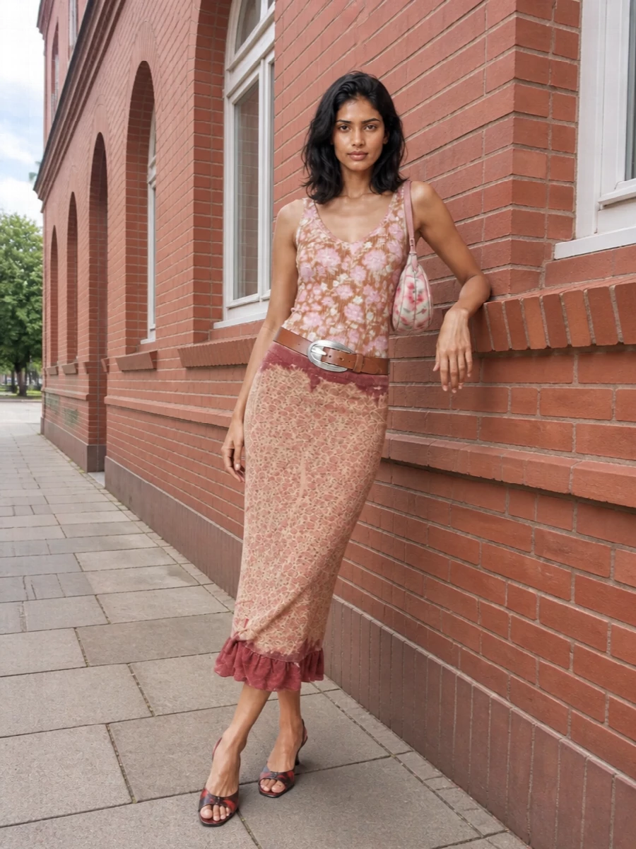 Diesel floral midi skirt outfit kitten heels