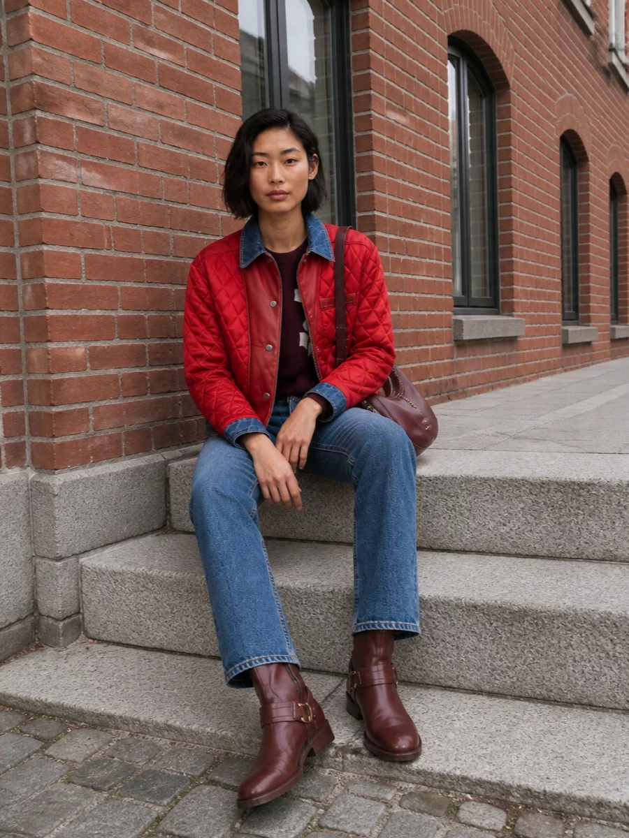 I’m building around the jacket with top and denim rather than a dress so the quilted bomber stays the clear hero and the look reads as confident off-duty city wear. Burgundy knit and bag create a tonal story with the red shell, while classic indigo jeans and chestnut biker boots ground the palette in everyday ease. The result is relaxed and directional, with just enough structure in the accessories to feel considered without tipping into evening.