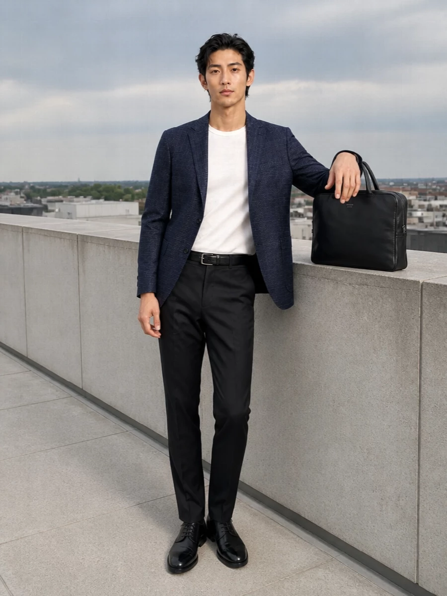 Zegna charcoal trousers navy blazer prada derby