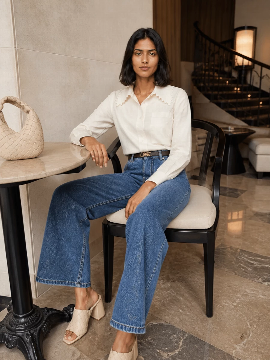 An ivory longline shirt softens the structured high-rise wide-leg denim, creating a clean column that feels relaxed but intentional. Woven block-heel mules and a cream mini hobo keep the palette light and tonal, while a slim chocolate belt subtly frames the waist. The result is modern city denim that reads quietly polished rather than casual.