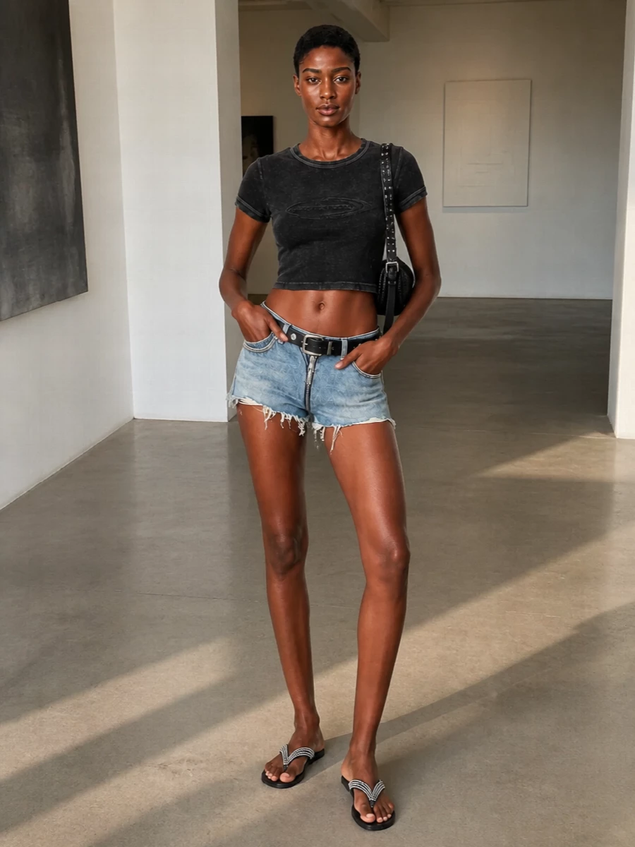 Alexander wang denim mini shorts studded sandals