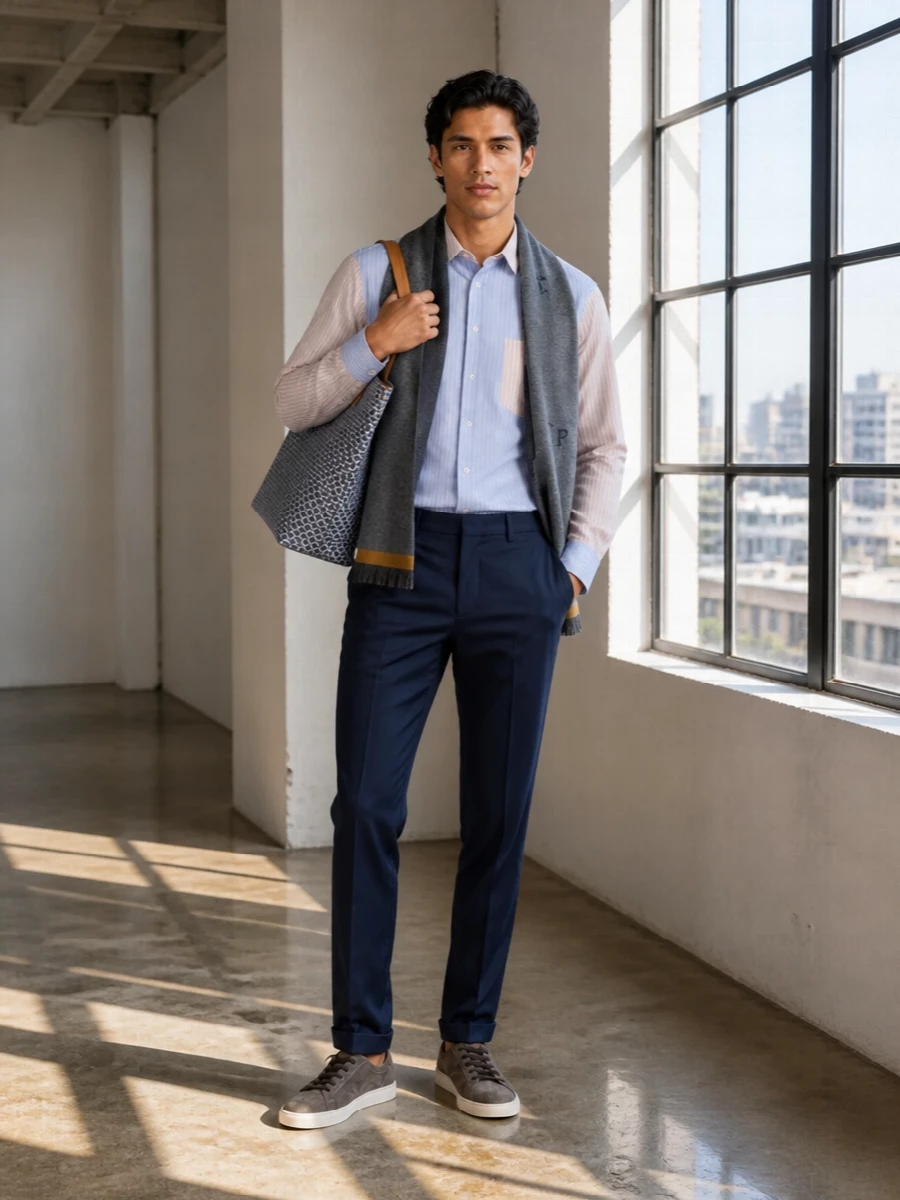 Paul smith striped shirt navy trousers outfit