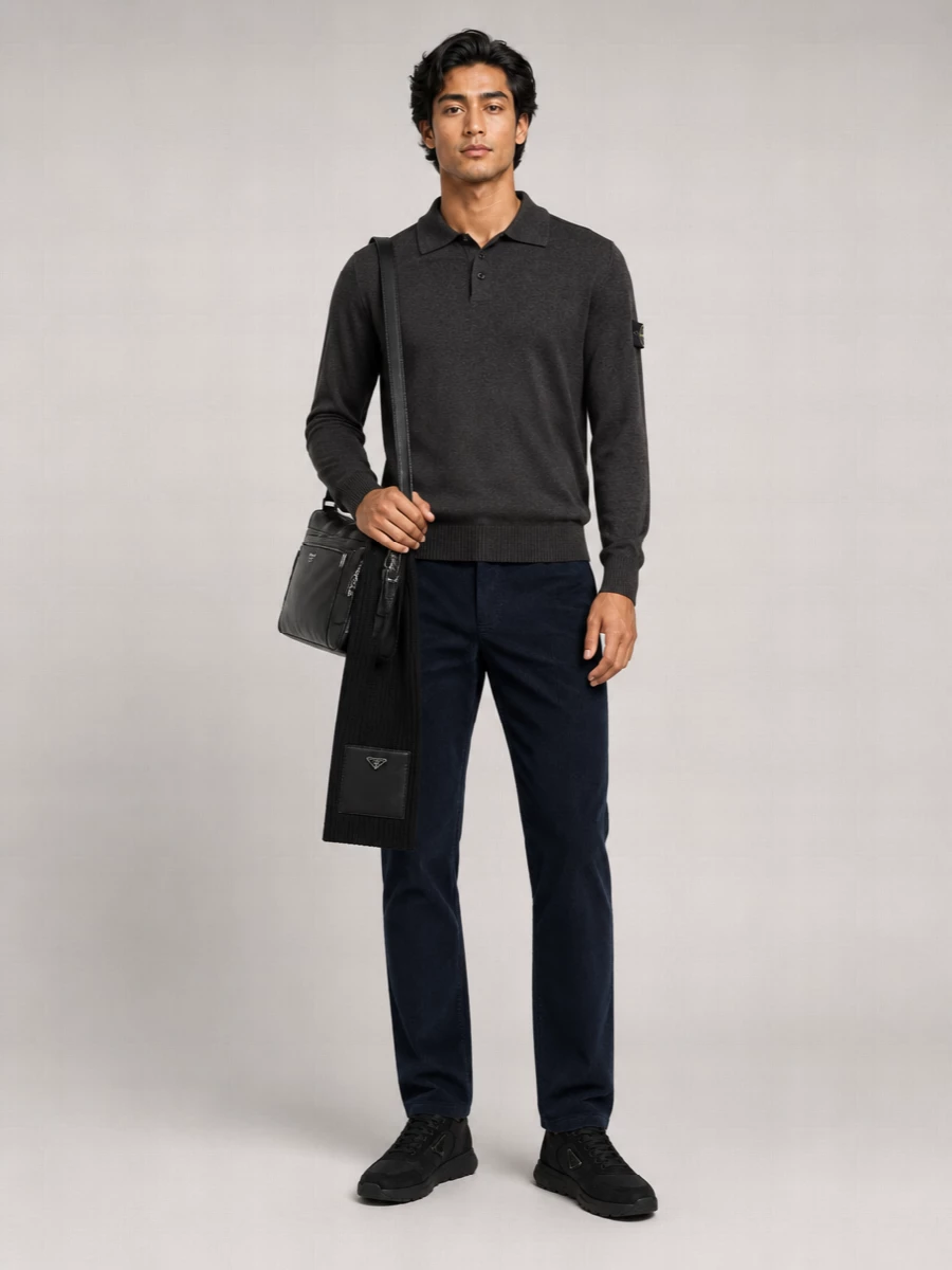Stone Island Virgin Wool Fine-Knit Polo Sweater