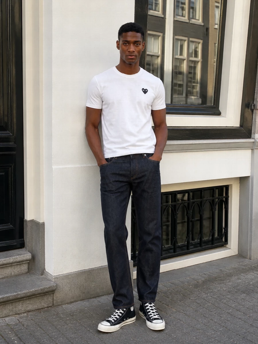 Comme des garcons play tee apc jeans outfit