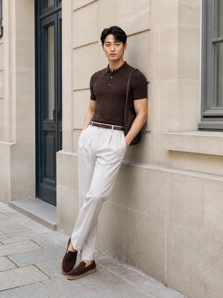 This look leans into a refined summer palette, pairing the dark chocolate knit polo with light stone pleated trousers for a clean, elongated silhouette and a sophisticated play of light and dark. Chocolate suede espadrilles and a deep espresso crossbody reinforce the tonal story while keeping the attitude relaxed, and a slim brown T-belt sharpens the waist without interrupting the minimalist line. The result is quietly luxurious, Riviera-appropriate tailoring that feels polished but completely at ease.