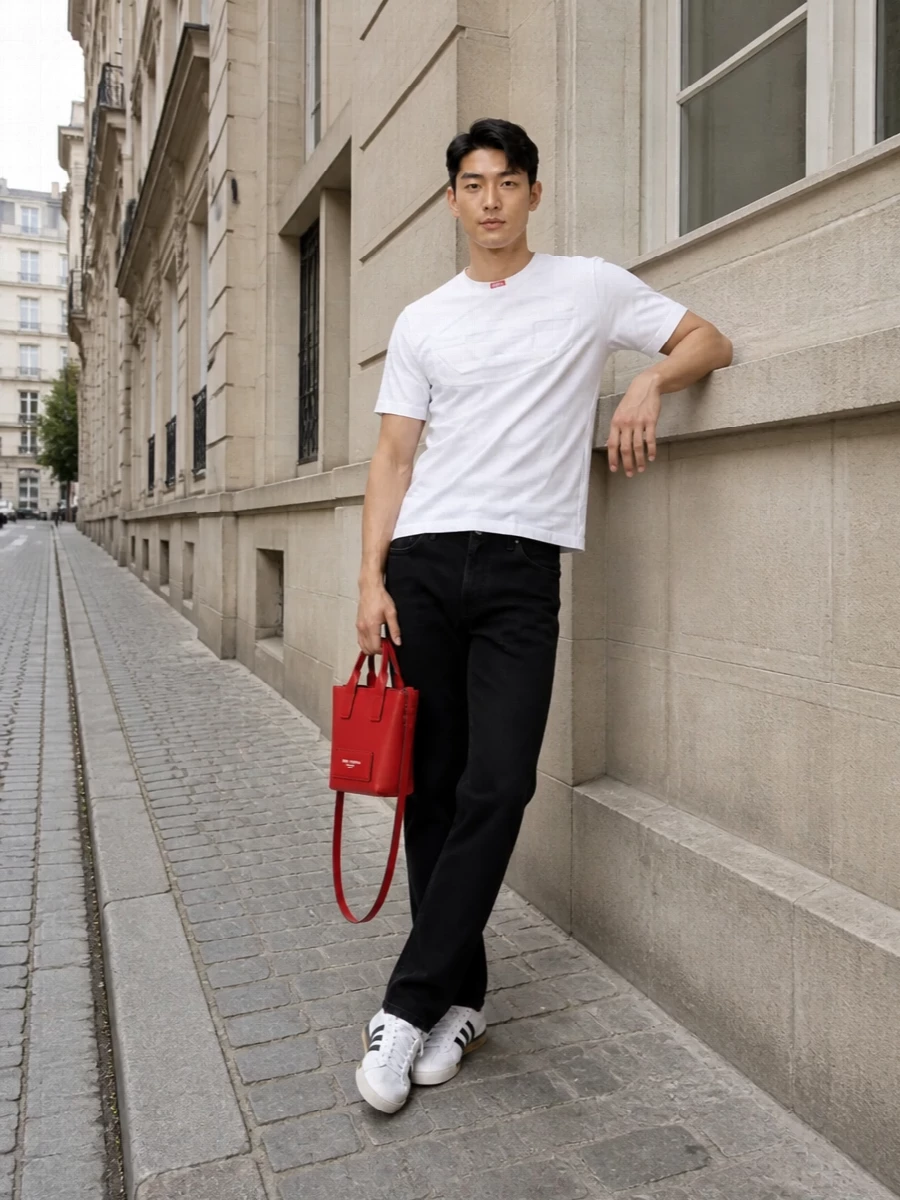 Diesel white tee black jeans adidas sneakers