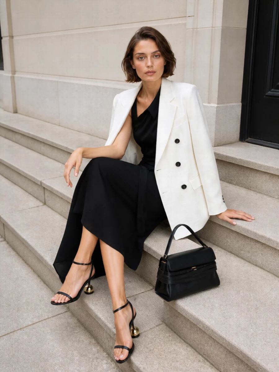 Moschino ivory blazer black one shoulder midi