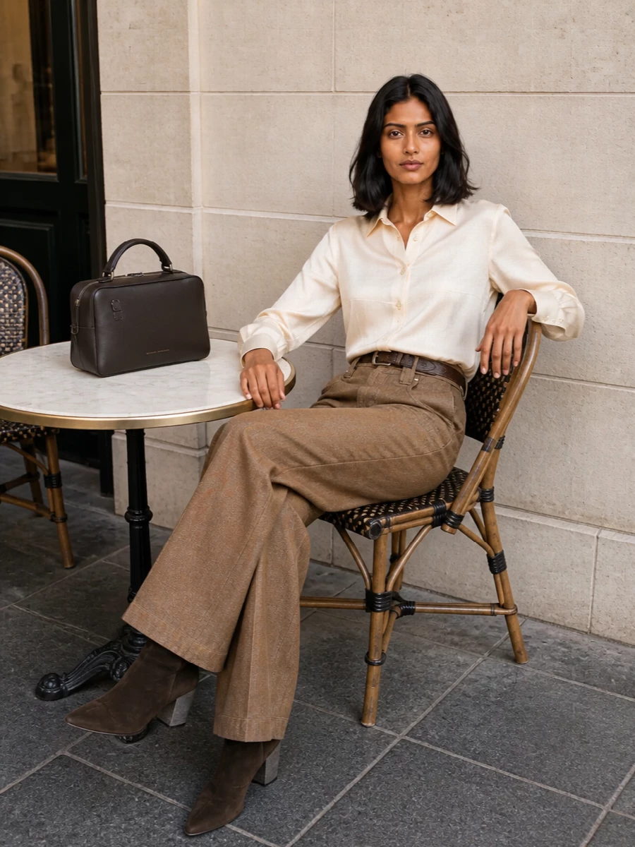 Brunello cucinelli camel wide leg trouser outfit