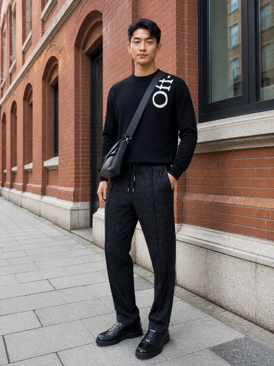 Deep black on black keeps this Off-White knit front and centre, grounded by Versace’s tonal logo joggers for a relaxed but precise street mood. Sleek Givenchy sneakers and a structured leather crossbody sharpen the edges just enough for coffee runs, studio days or low-key nights out without breaking the monochrome flow.