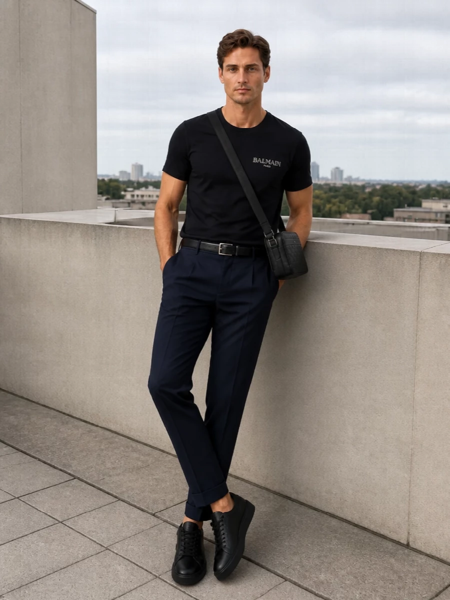 Balmain black tee navy trousers outfit