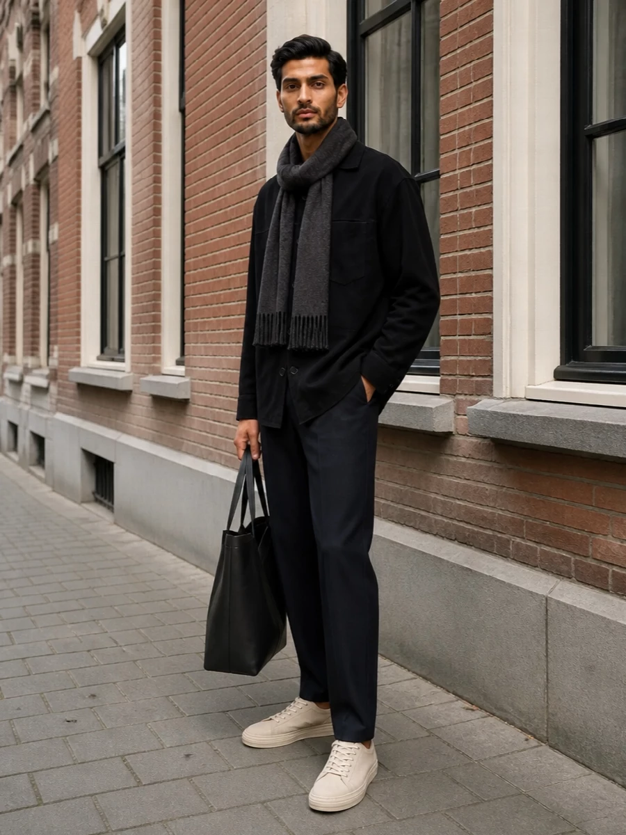 Ami paris suede overshirt navy trousers outfit