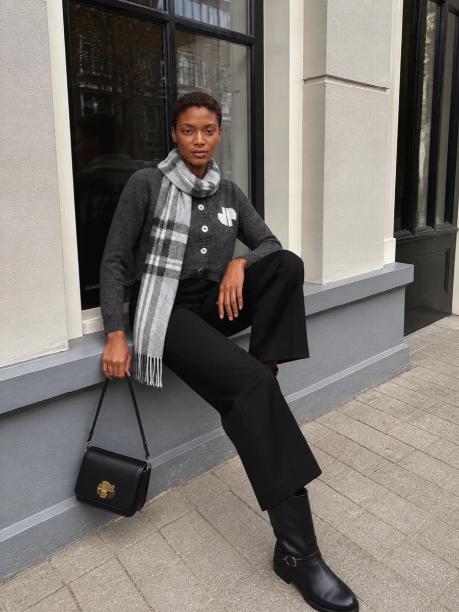Patou cardigan black wide leg trousers outfit