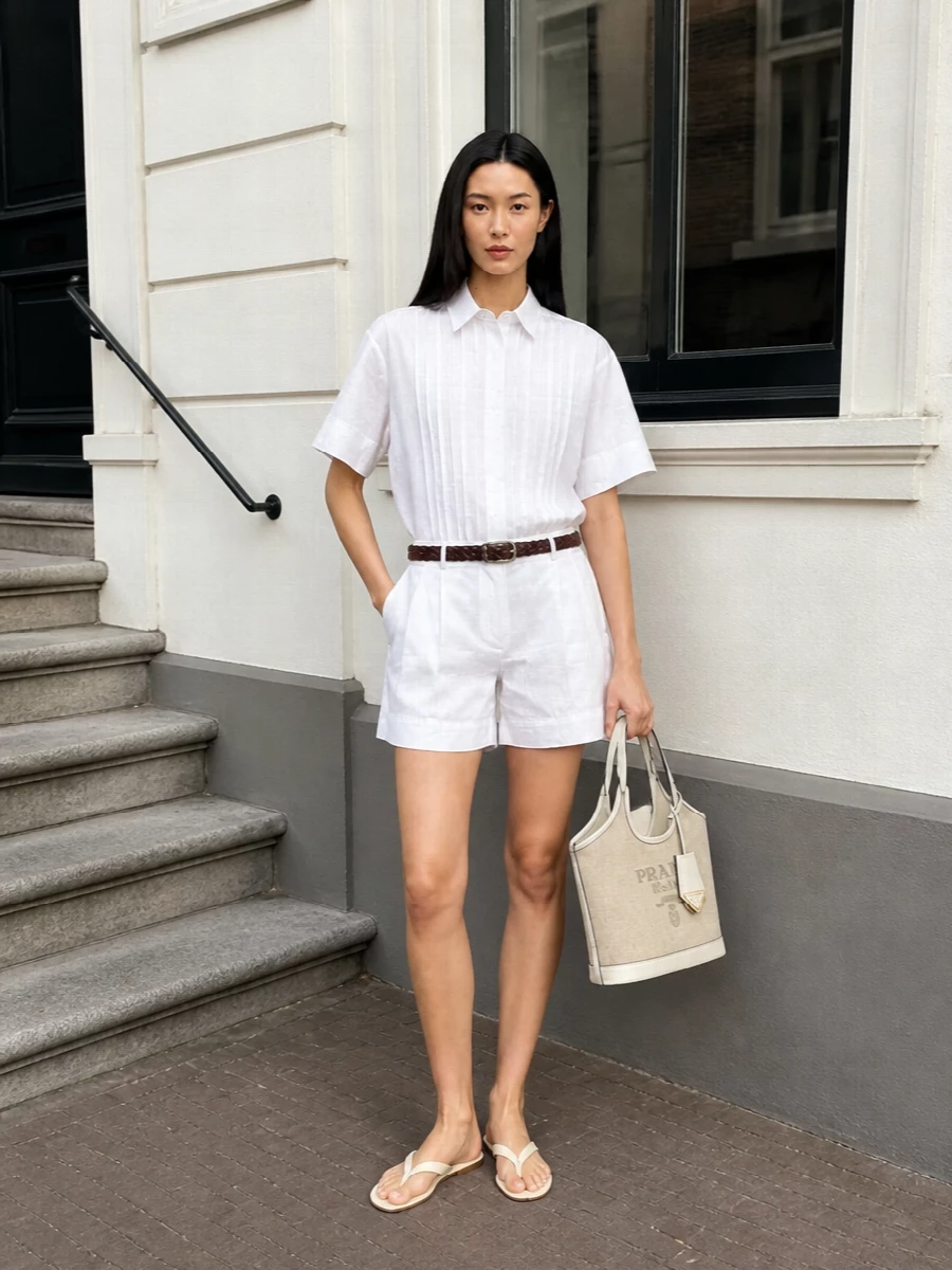 Parosh white shorts aeyde sandals outfit