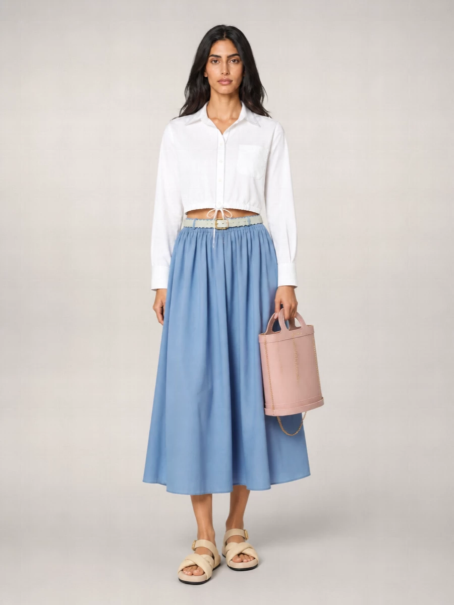 Marni Cotton Poplin Drawstring Midi Skirt