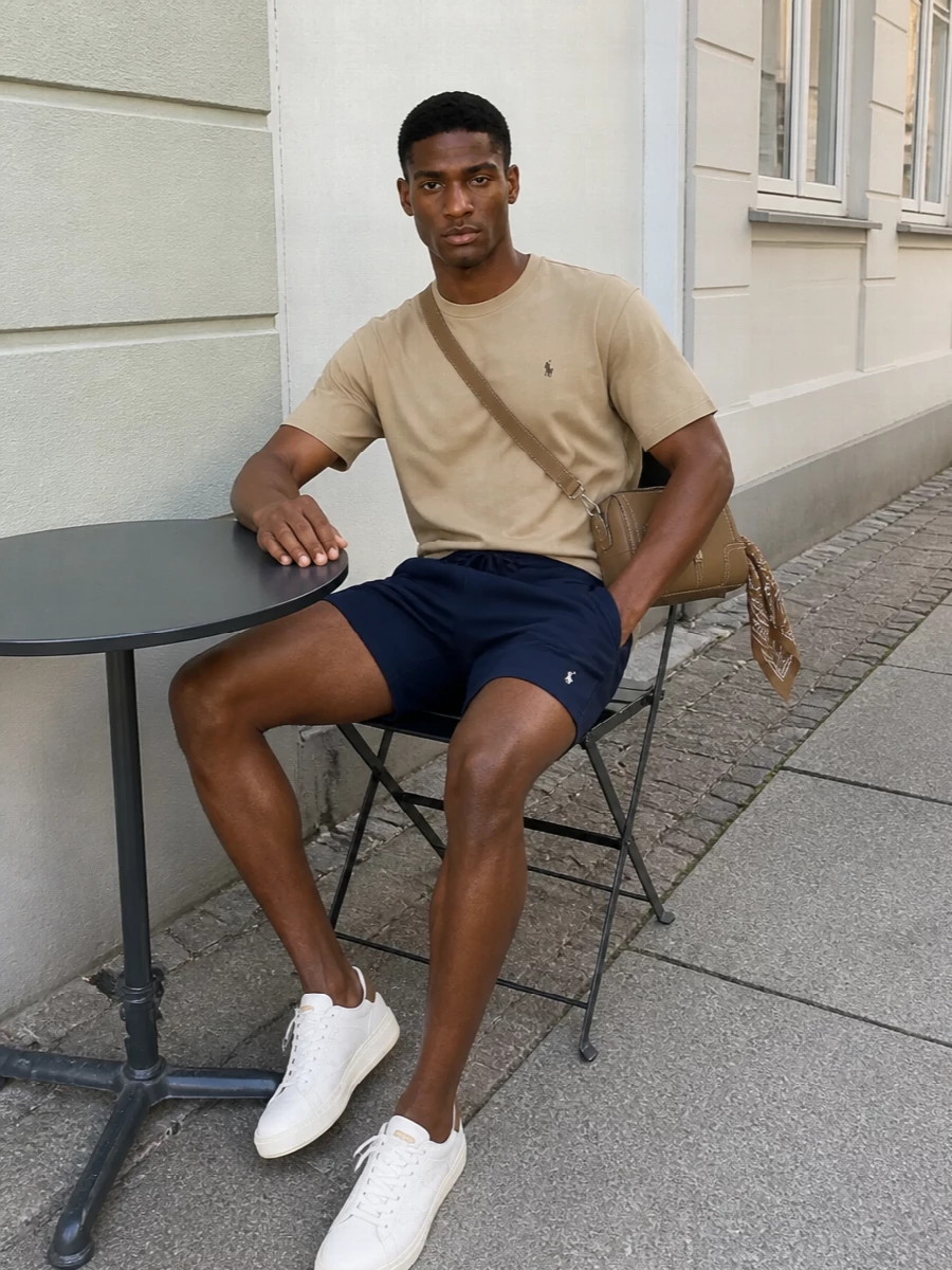 Camel and navy do the work here, giving you that clean preppy contrast without feeling stiff. The relaxed tee sits over neat deck shorts, with leather-accented sneakers and a tan crossbody keeping everything sharp but easy. A camel bandana adds just enough personality while staying in the same quiet, collegiate mood.