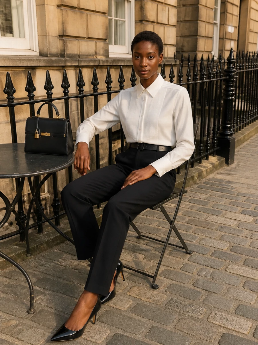 A crisp ivory tuxedo shirt meets sharply cut black trousers for a modern, monochrome evening set that feels precise without being stiff. The high waist and long, straight leg balance the cropped proportion of the shirt, giving a clean, elongated line. Black stilettos and a structured top‑handle bag keep the palette disciplined and the mood quietly powerful for dinners, openings or formal events.