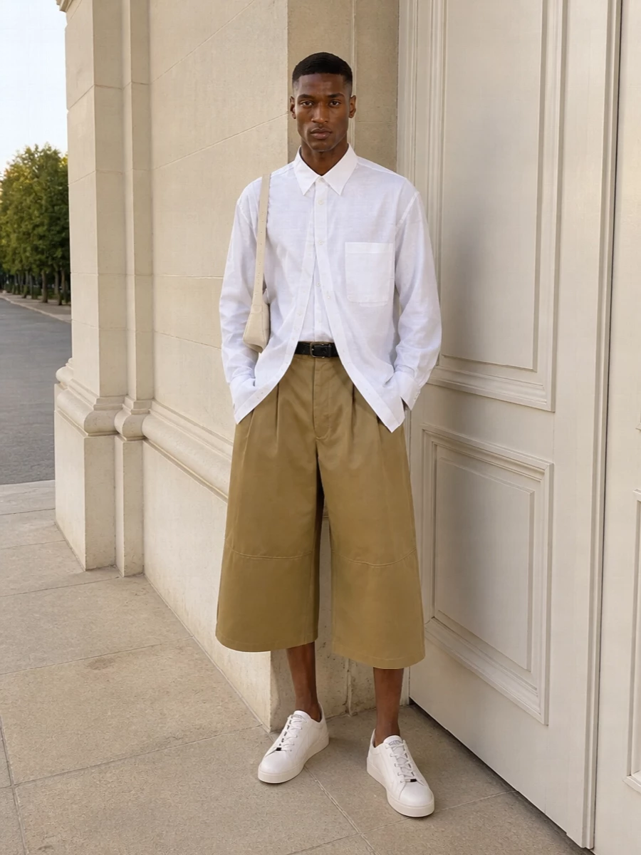 Camel volume at the waist meets a long, fluid white shirt for a precise play of proportion that feels relaxed but considered. Off-white sneakers and a slim buttercream bag keep the palette soft and coherent, letting the sculptural shorts stay central. A discreet black woven belt quietly sharpens the waistline so the wide leg reads intentional rather than casual.