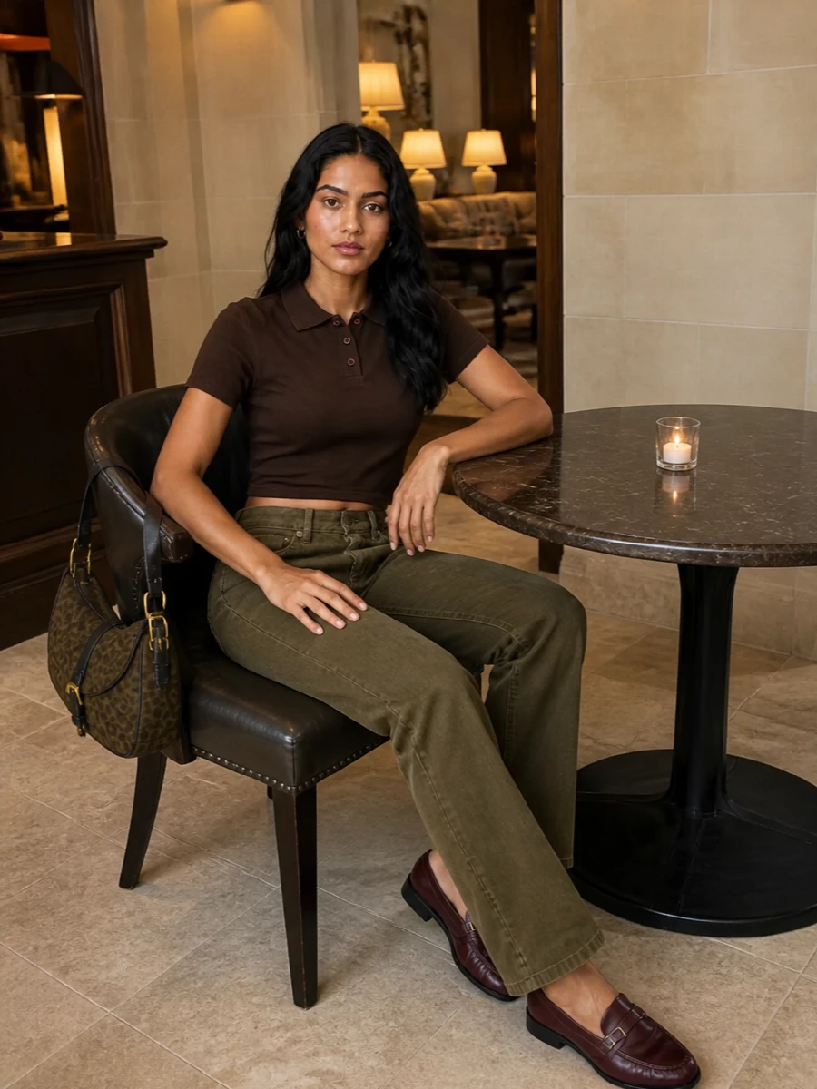 This is a grounded, Parisian-feeling mix of rich browns and olive that lets the leopard saddle bag read as texture rather than theme. The cropped chocolate polo and straight olive denim create a clean, elongated line, with the burgundy loafer adding a subtle hit of color that still feels restrained and polished. It is relaxed enough for daytime but considered enough to carry into a low-key dinner or bar.