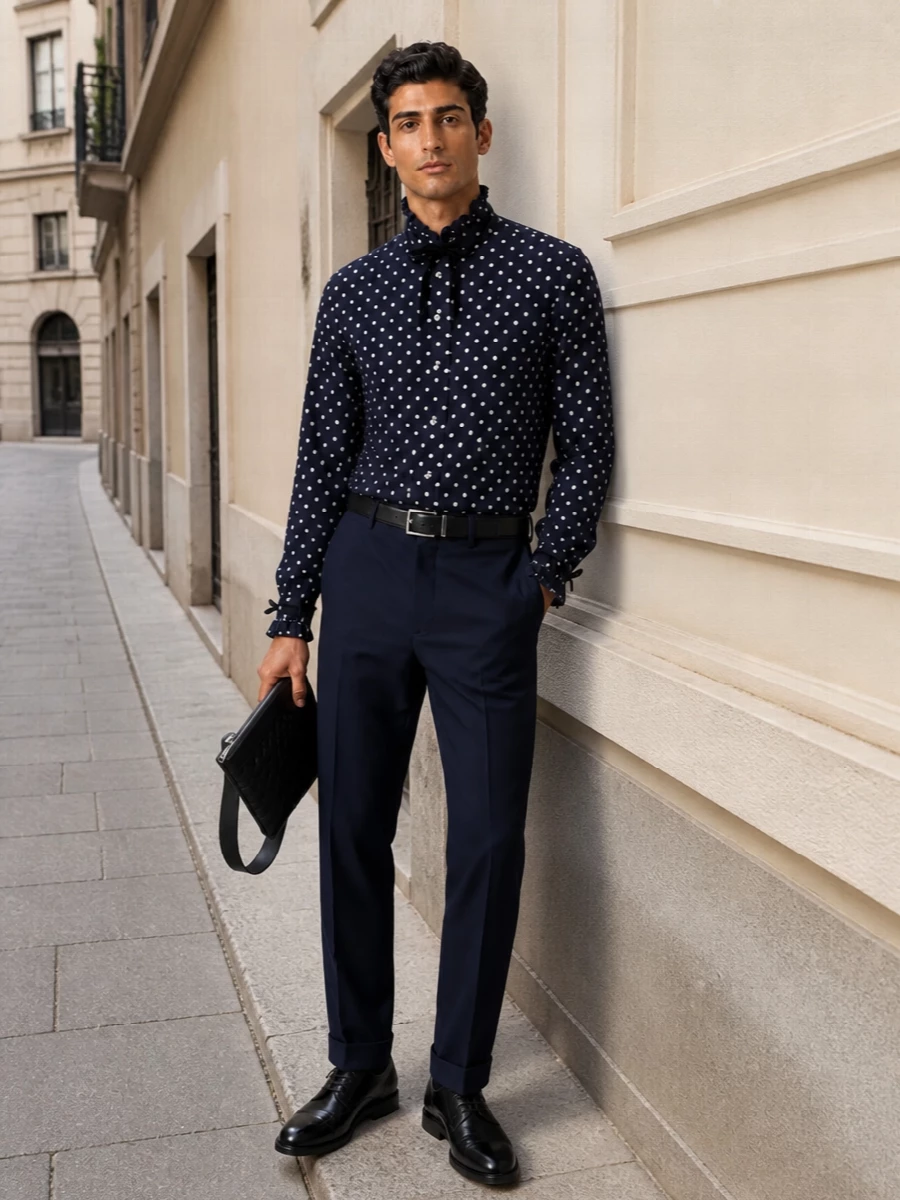 Navy polka dots and deep-blue tailoring set a romantic, almost old-world mood, sharpened by precise pleats and polished black leather. The high-rise cuffed trouser anchors the ruffled collar and bow, so the shirt reads intentional rather than costume. Discreet black accessories in rich textures keep everything controlled and quietly luxurious for dinners, recitals, or gallery evenings.