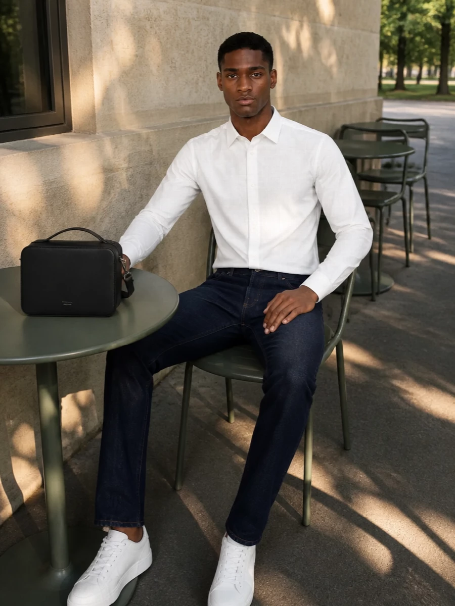 A crisp white concealed-placket shirt and dark indigo denim give the sneakers a tailored, city-ready frame. The palette stays minimal, with deep blue grounding bright white for a quietly sharp finish. A compact charcoal crossbody adds utility without disturbing the clean lines.