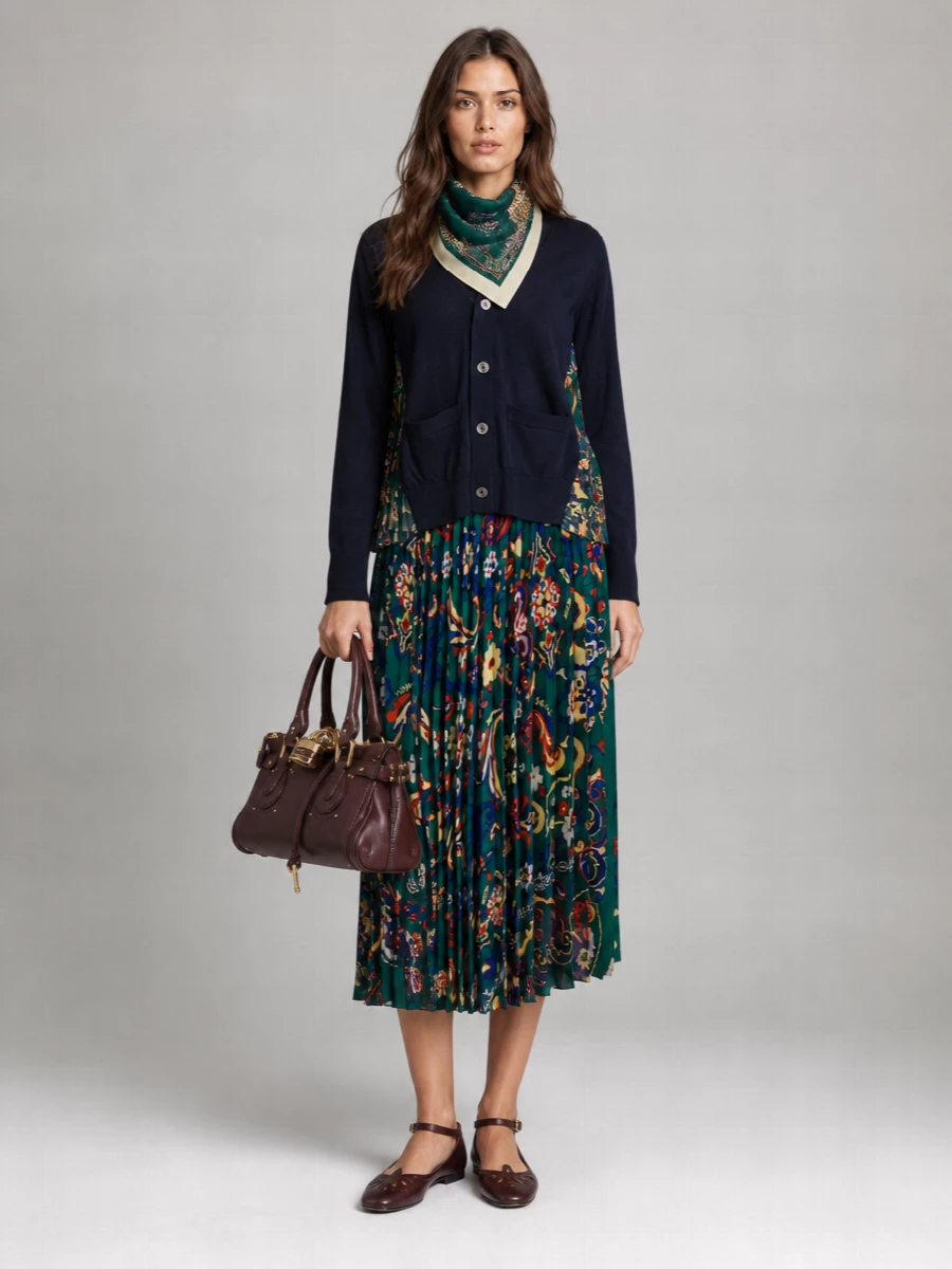 Sacai Floral-Print Pleated Skirt