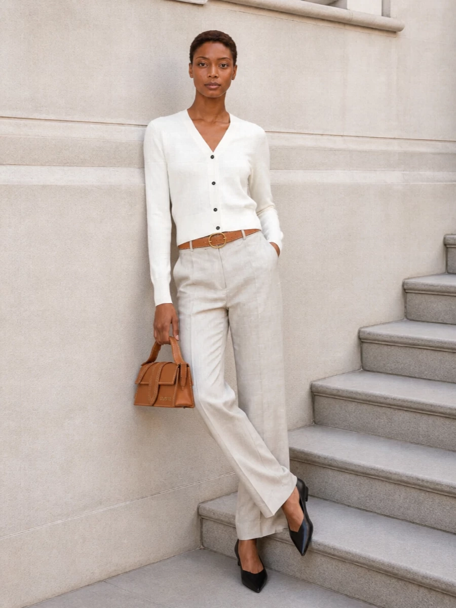 Jacquemus cardigan beige trousers caramel bag
