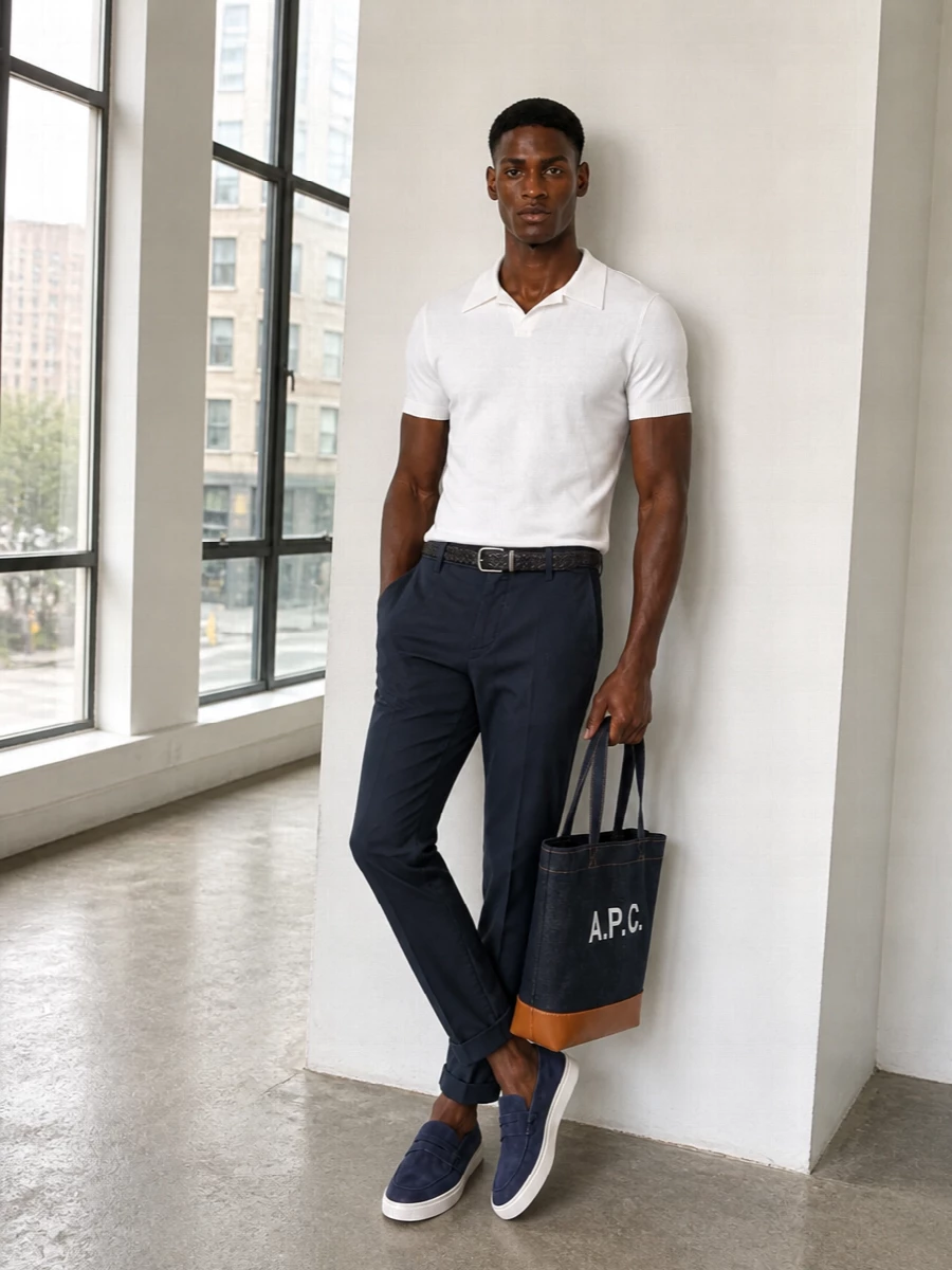 Ink chinos with a stripped-back white knit polo create an easy uniform that reads smart without feeling stiff. Navy suede loafers and a matching braided belt keep the line continuous, while the indigo denim tote adds a subtle hit of texture and warm tan contrast for everyday city wear.